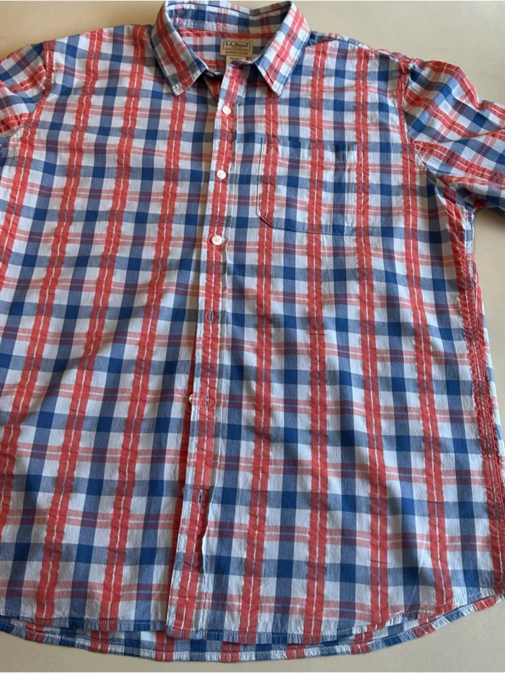 L.L. Bean Red, Blue & White Short Sleeve Plaid Cotton Button-Down Shirt. Size L - Picture 11 of 11